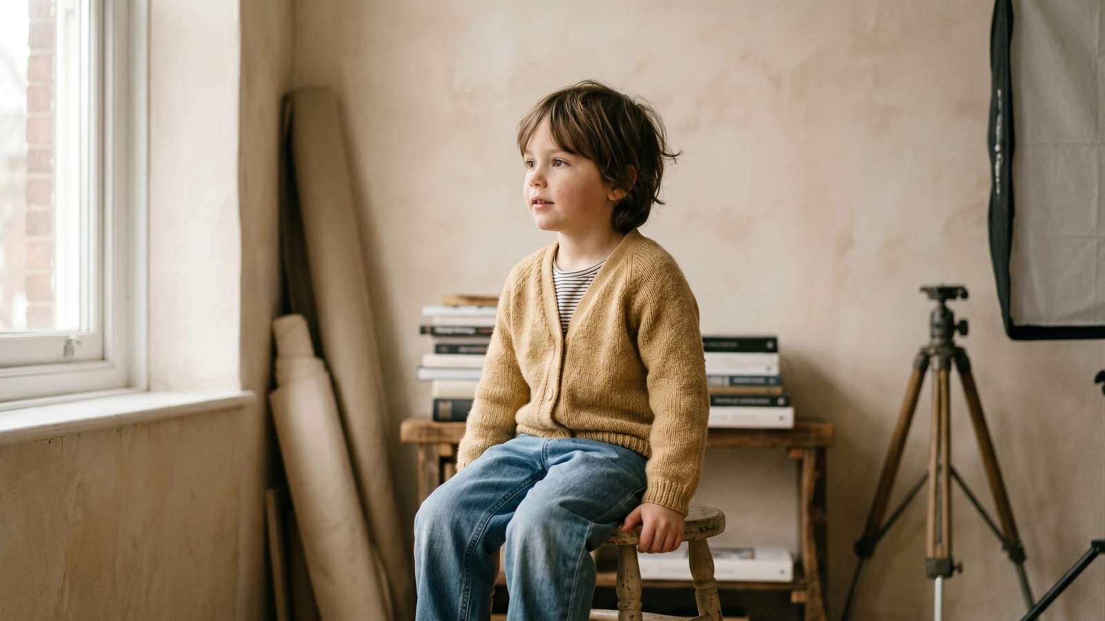 Editorial studio workspace showing how one child photo becomes a finished portrait set.