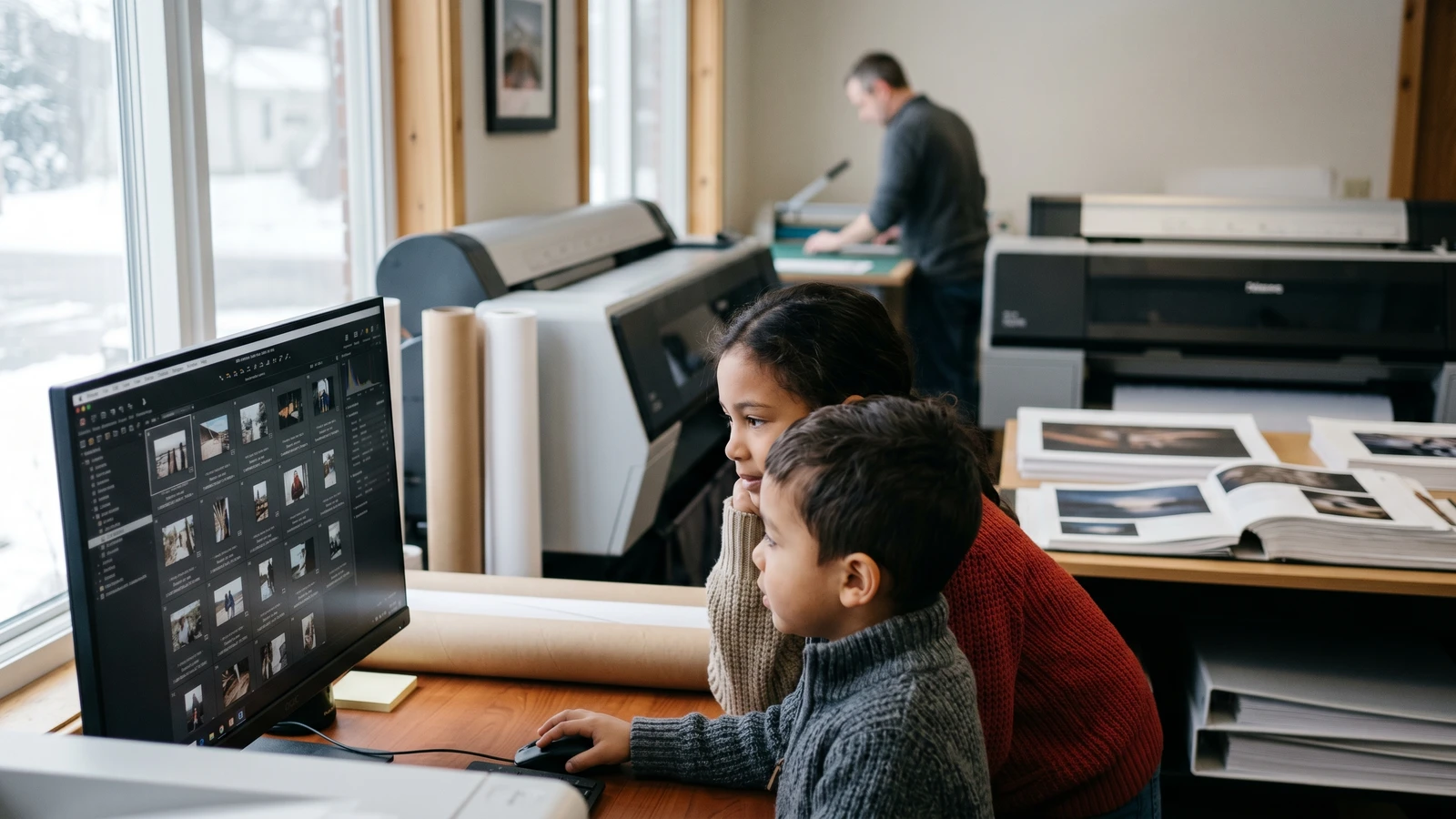 Editorial studio workspace showing how one child photo becomes a finished portrait set.