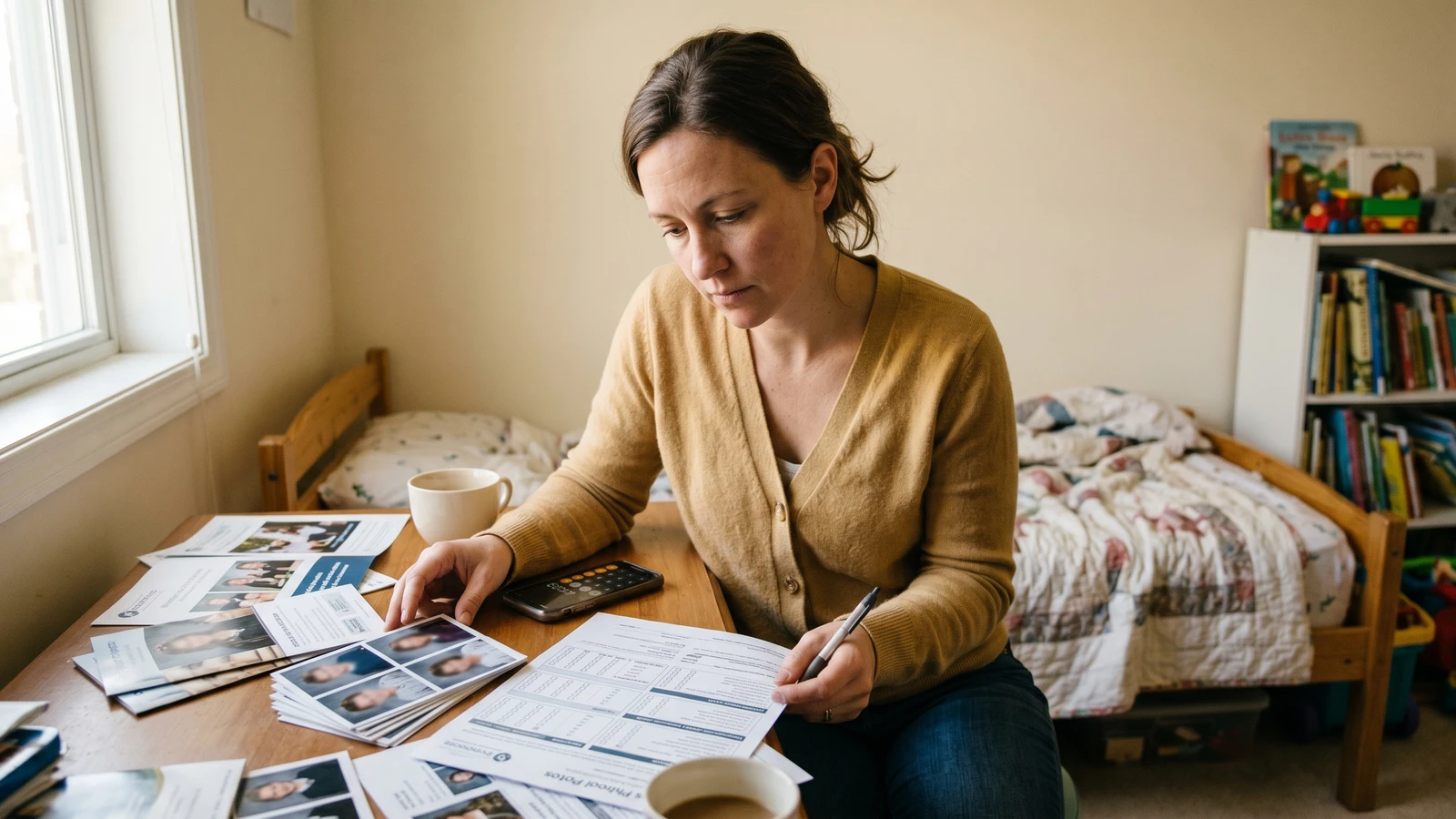 Parent comparing school photo package choices in a softly lit bedroom workspace.