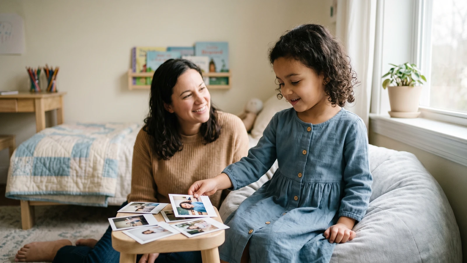 Family exploring modern school photo options in a bright, relaxed home setting.