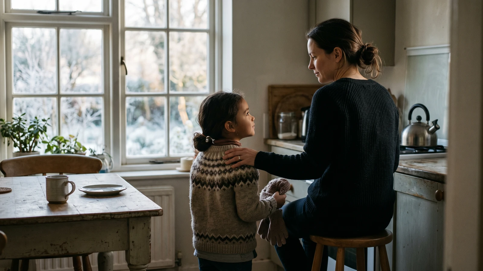 Parent preparing a child for picture day with outfit and grooming essentials ready.