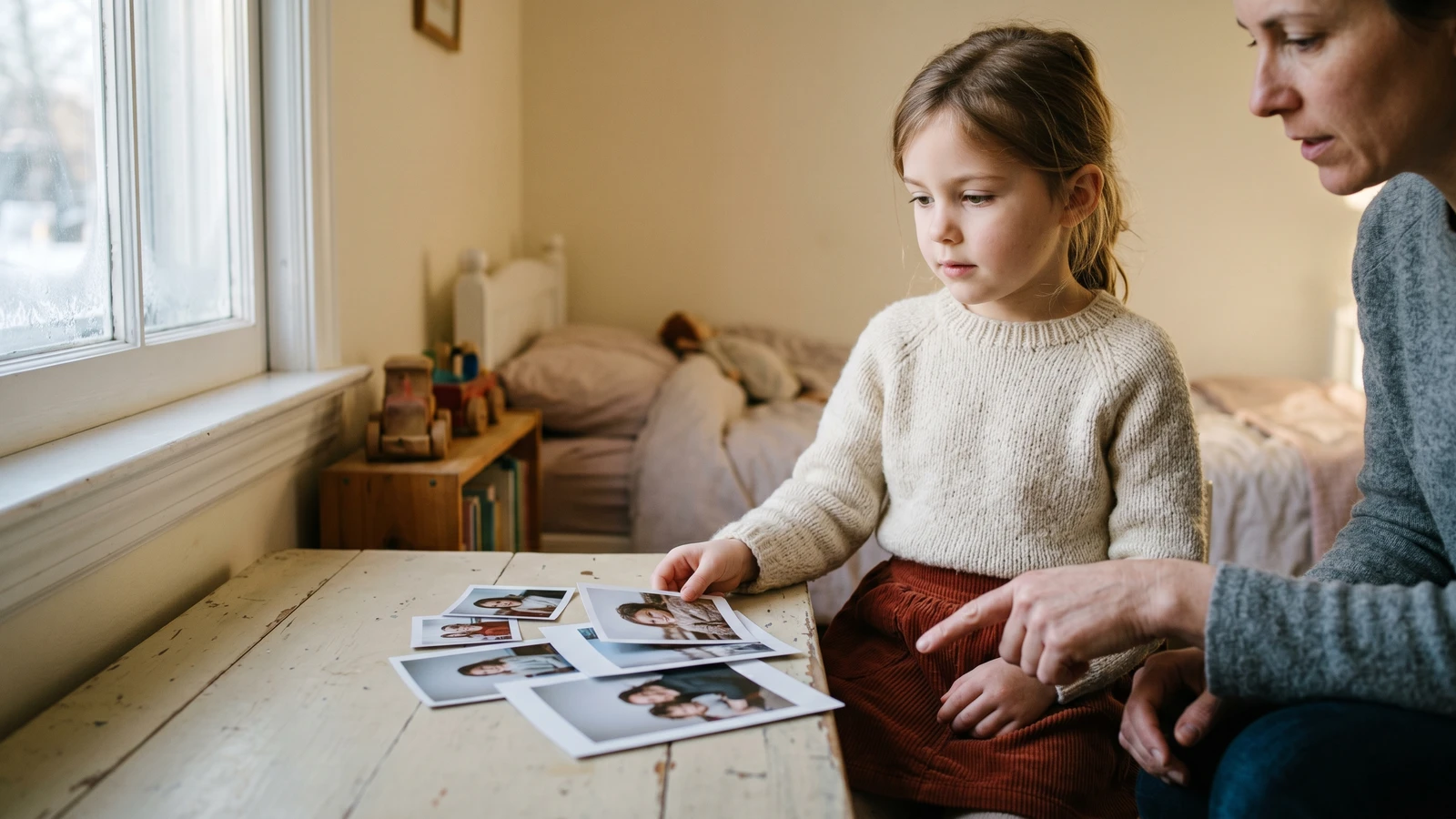 Family reviewing bundled school photo offers under warm natural light.