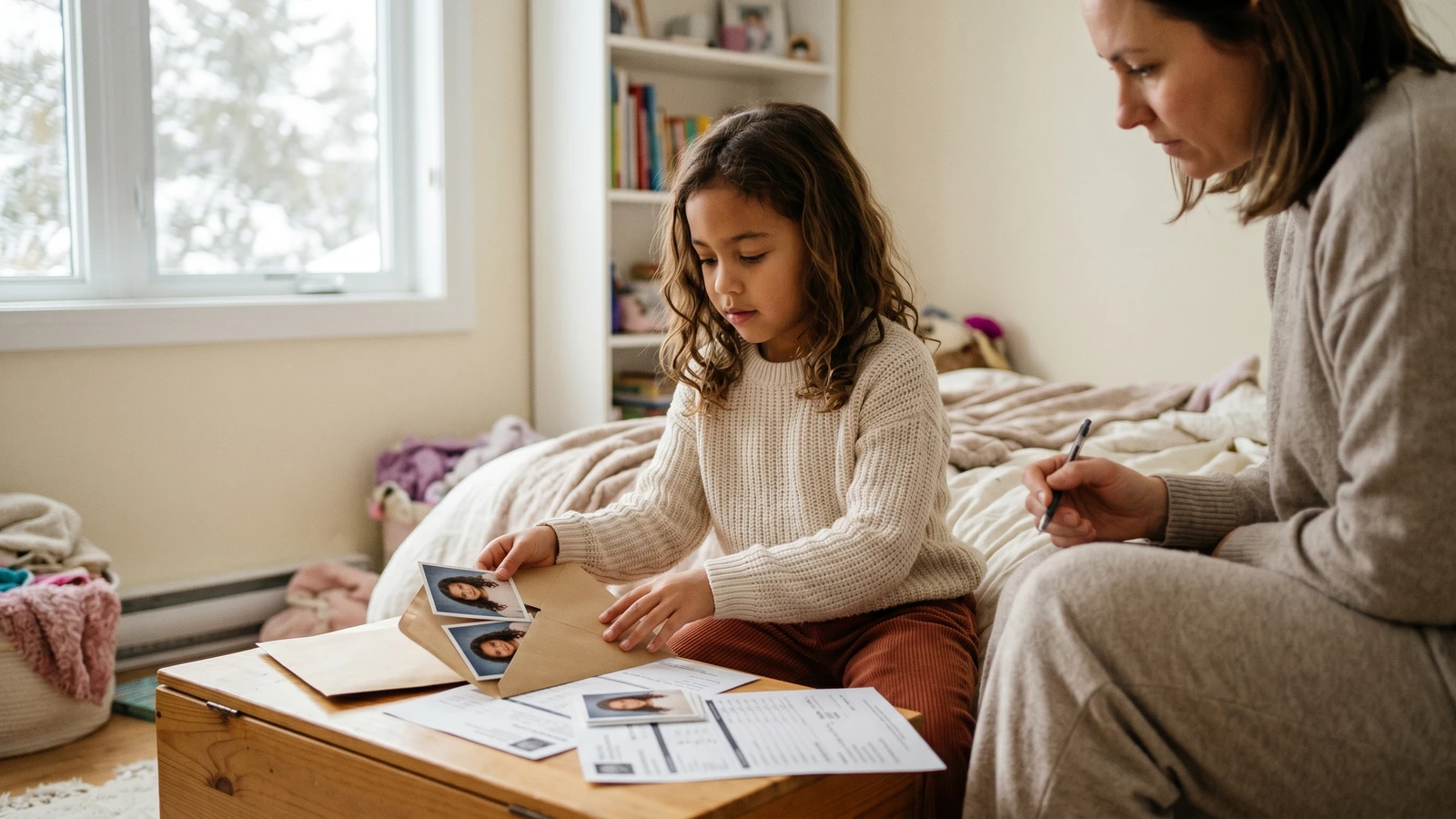 Photographer-style portrait planning scene with prints and gear in soft daylight.