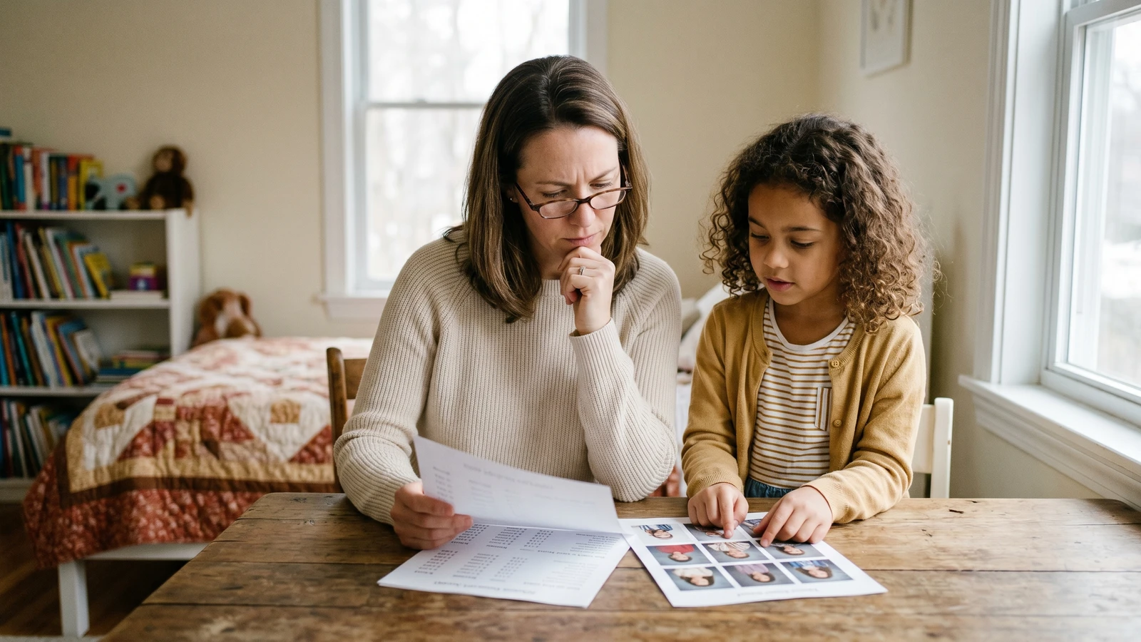Parent reviewing school photo privacy choices with calm, modern trust cues.