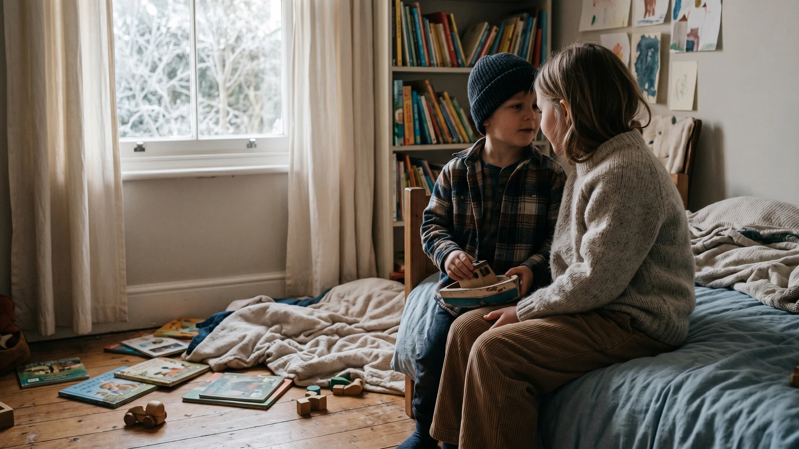 Parent reviewing school photo package options at a kitchen table in warm window light.