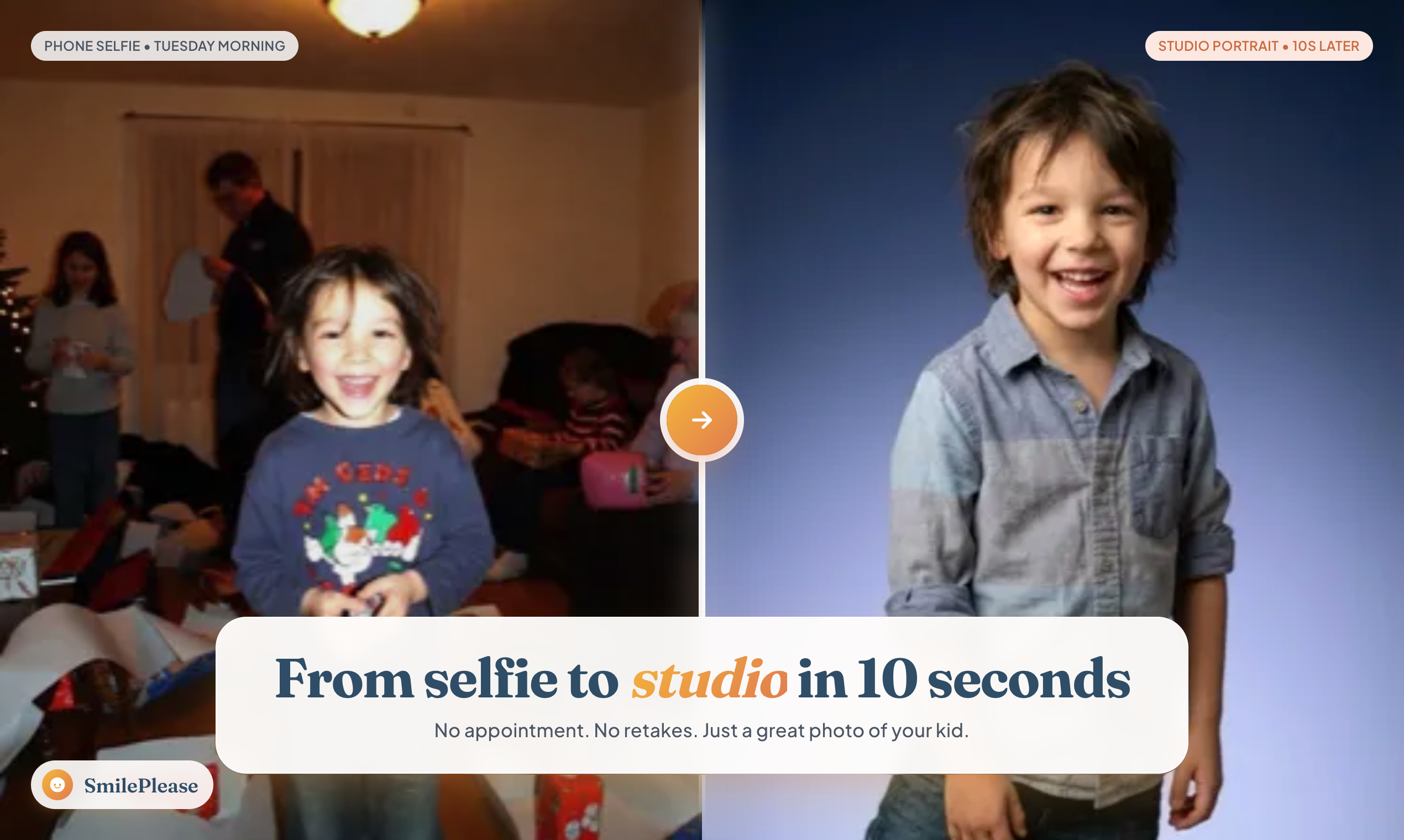 Side-by-side phone photo and finished SmilePlease portrait